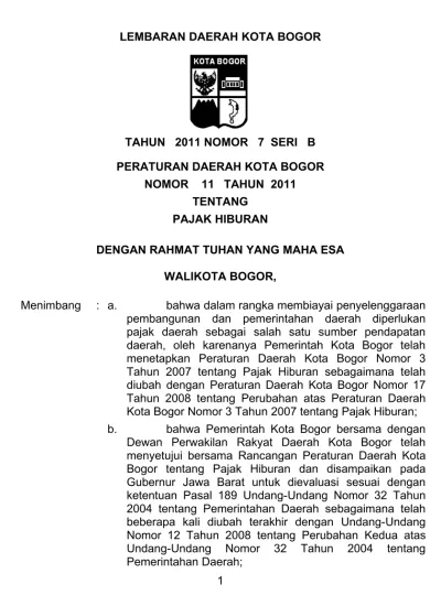 LEMBARAN DAERAH KOTA BOGOR TAHUN 2011 NOMOR 7 SERI B PERATURAN DAERAH ...