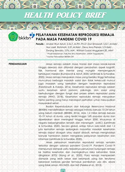 HEALTH POLICY BRIEF PELAYANAN KESEHATAN REPRODUKSI REMAJA PADA MASA ...