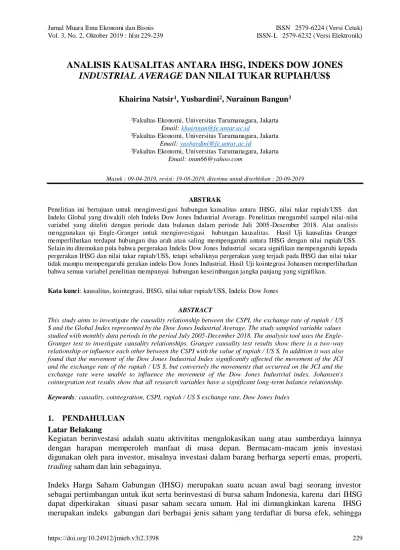 ANALISIS KAUSALITAS ANTARA IHSG, INDEKS DOW JONES INDUSTRIAL AVERAGE ...