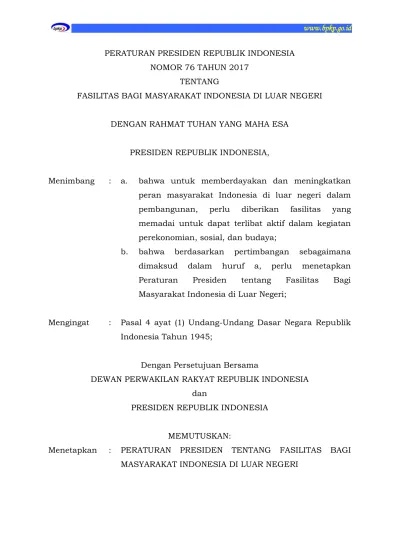 PERATURAN PRESIDEN REPUBLIK INDONESIA NOMOR 76 TAHUN 2017 TENTANG ...