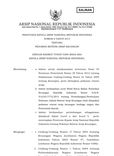 PERATURAN KEPALA ARSIP NASIONAL REPUBLIK INDONESIA NOMOR 6 TAHUN 2013 ...