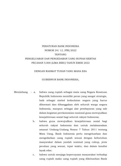 - 1 - PERATURAN BANK INDONESIA NOMOR 24/ 12 /PBI/2022 TENTANG ...