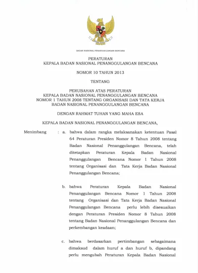 PERATURAN KEPALA BADAN NASIONAL PENANGGULANGAN BENCANA NOMOR 10 TAHUN ...