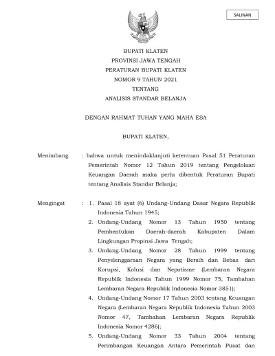 BUPATI KLATEN PROVINSI JAWA TENGAH PERATURAN BUPATI KLATEN NOMOR 9 ...