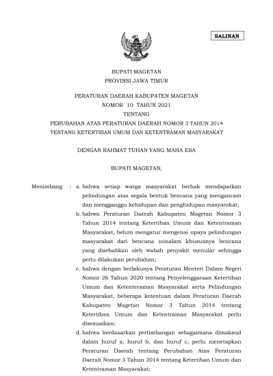 BUPATI MAGETAN PROVINSI JAWA TIMUR PERATURAN DAERAH KABUPATEN MAGETAN ...