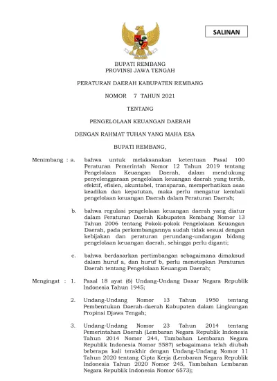 BUPATI REMBANG PROVINSI JAWA TENGAH PERATURAN DAERAH KABUPATEN REMBANG ...