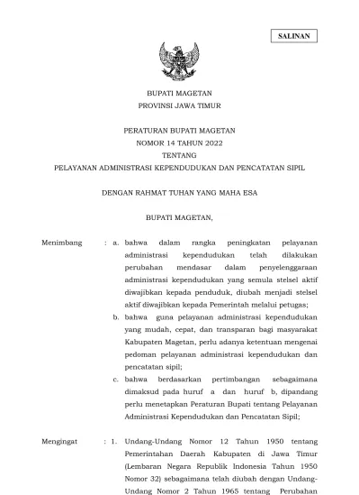 BUPATI MAGETAN PROVINSI JAWA TIMUR PERATURAN BUPATI MAGETAN NOMOR 14 ...