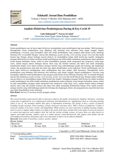 Edukatif: Jurnal Ilmu Pendidikan. Analisis Efektivitas Pembelajaran ...