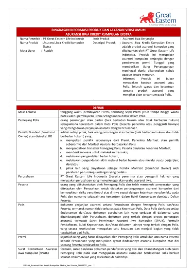 RINGKASAN INFORMASI PRODUK DAN LAYANAN VERSI UMUM ASURANSI JIWA KREDIT ...