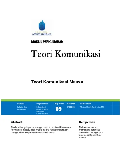 Teori Komunikasi. Teori Komunikasi Massa MODUL PERKULIAHAN