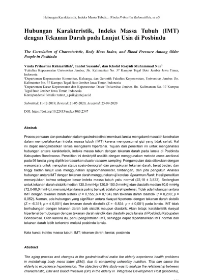 Hubungan Karakteristik Indeks Massa Tubuh Imt Dengan Tekanan Darah