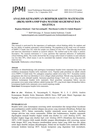 ANALISIS KEMAMPUAN BERPIKIR KRITIS MATEMATIS (BKM) SISWA SMP PADA ...