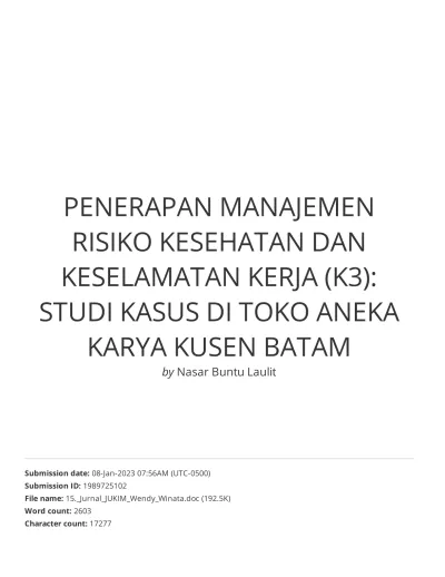 View Of PENERAPAN MANAJEMEN RISIKO KESEHATAN DAN KESELAMATAN KERJA (K3 ...